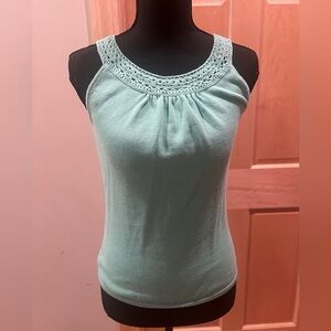 LOFT Crochet Trim Soft Stretch Knit Sleeveless Top Pastel Mint Green Cottage S